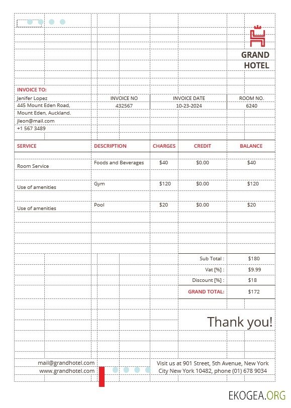 Modèle de facture de grand hôtel
